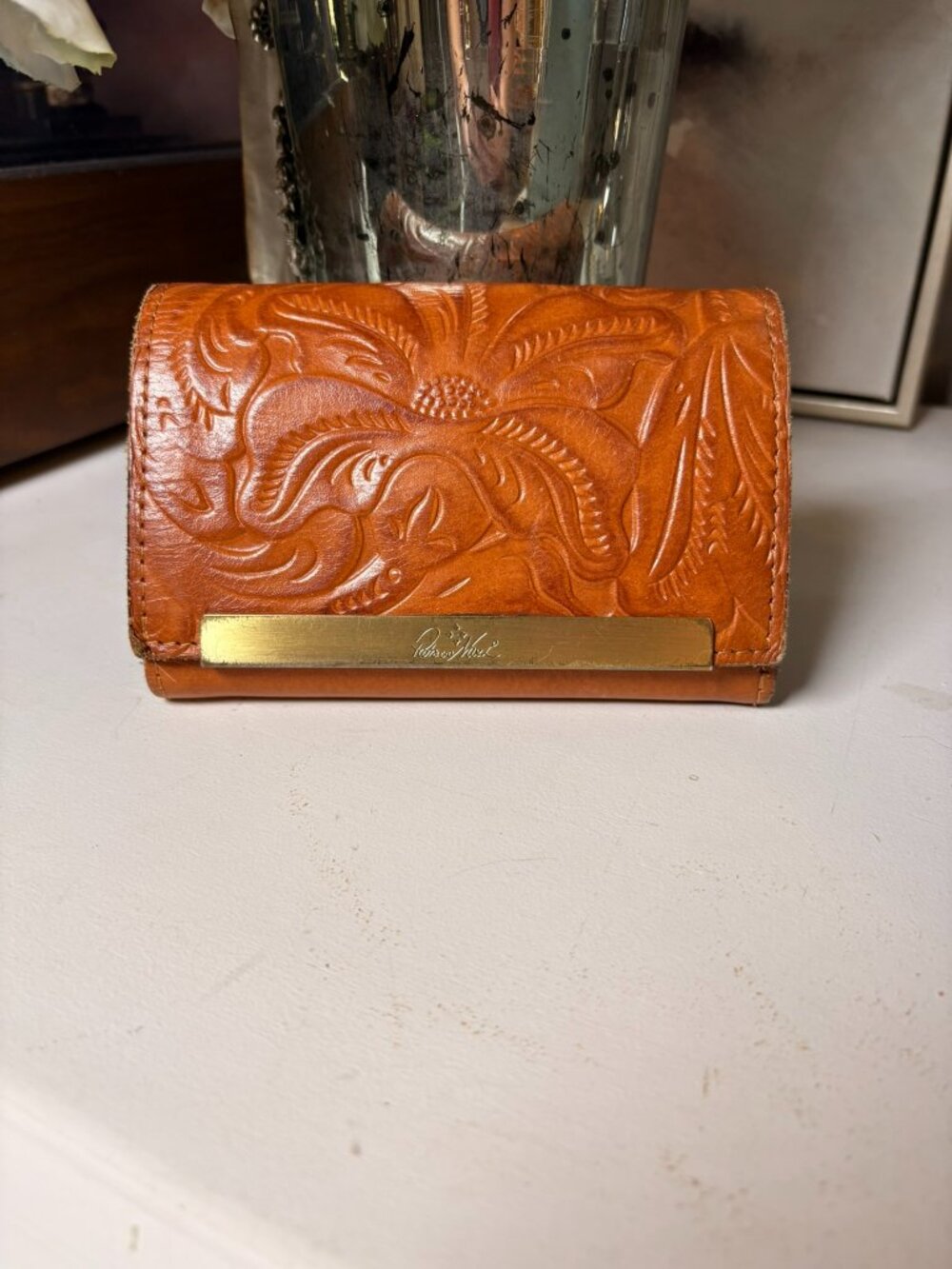 Patricia Nash Tooled Leather Wallet Floral Embossed Tan Brown Organizer Wallet